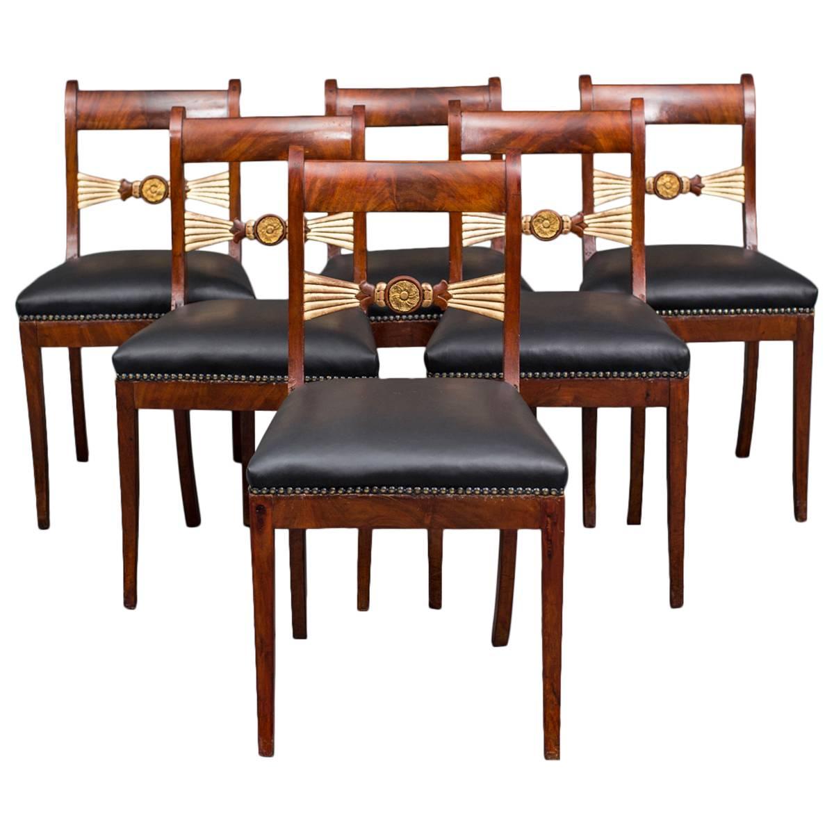 Dining Chairs Set of 6 English Mahogany Leather Black 19th Century England For Sale