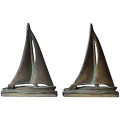 Pair of Early 20th Century, Solid Bronze Sailboat Bookends