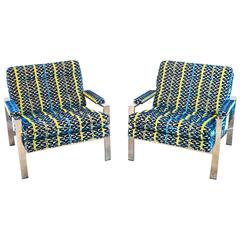 Pair of Italian Chrome Flat Bar Chairs with Knoll Upholstery