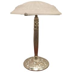 Signed Degue French Art Deco Nickel-Plated Table Lamp with Glass Shade 9