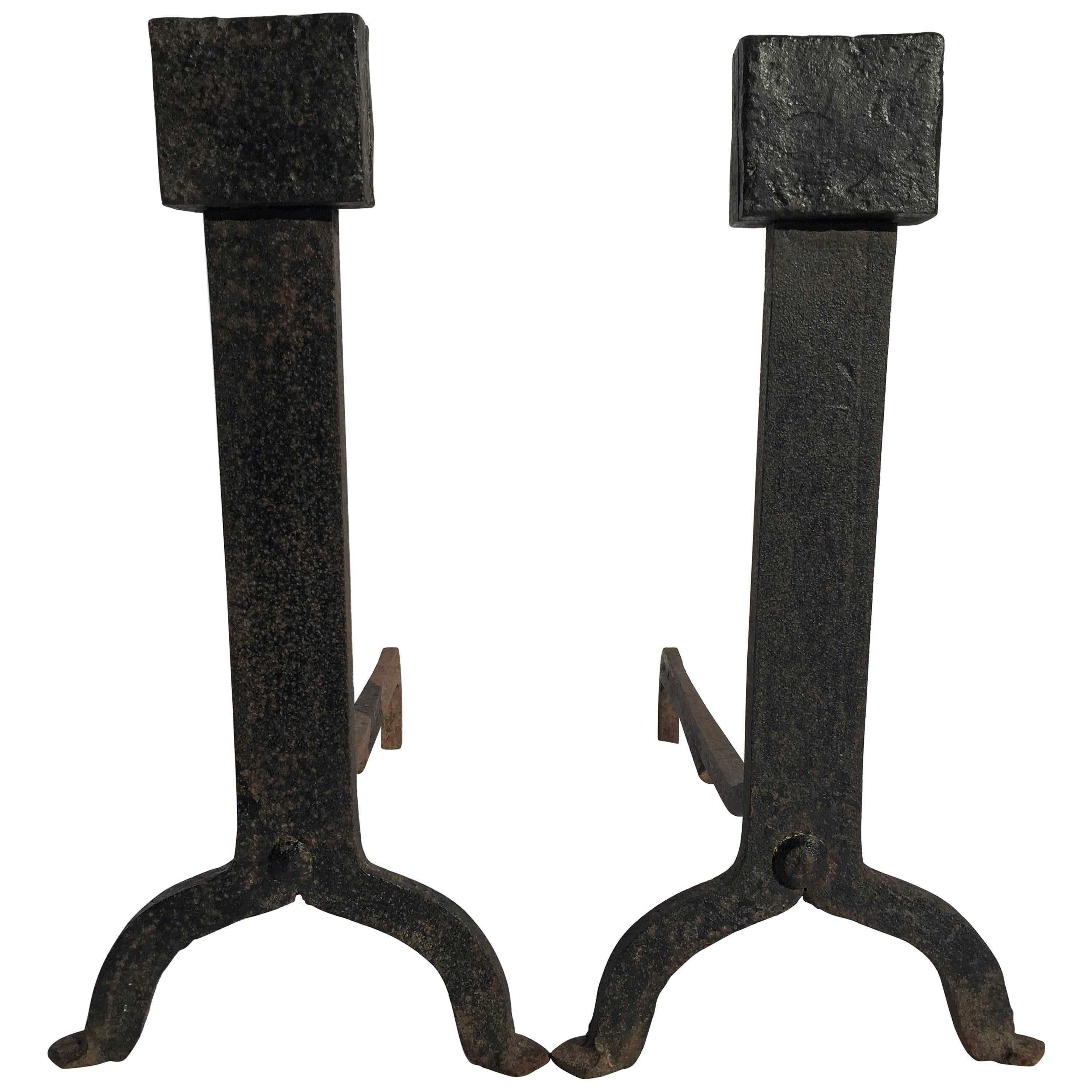 Pair of Massive Early American Wrought Hand Forged Andirons