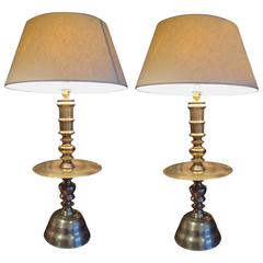 Large Pair of Late 17th Century Design Brass Candlesticks Converted to Lamps