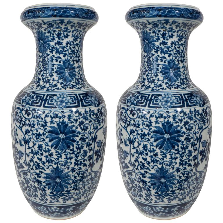 Pair of Antique Chinese Blue and White Porcelain Vases at 1stdibs
