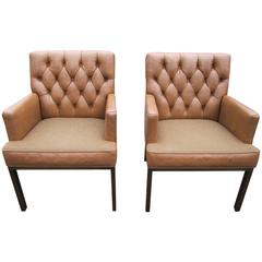 Pair of Leather Armchairs with Brass Frames