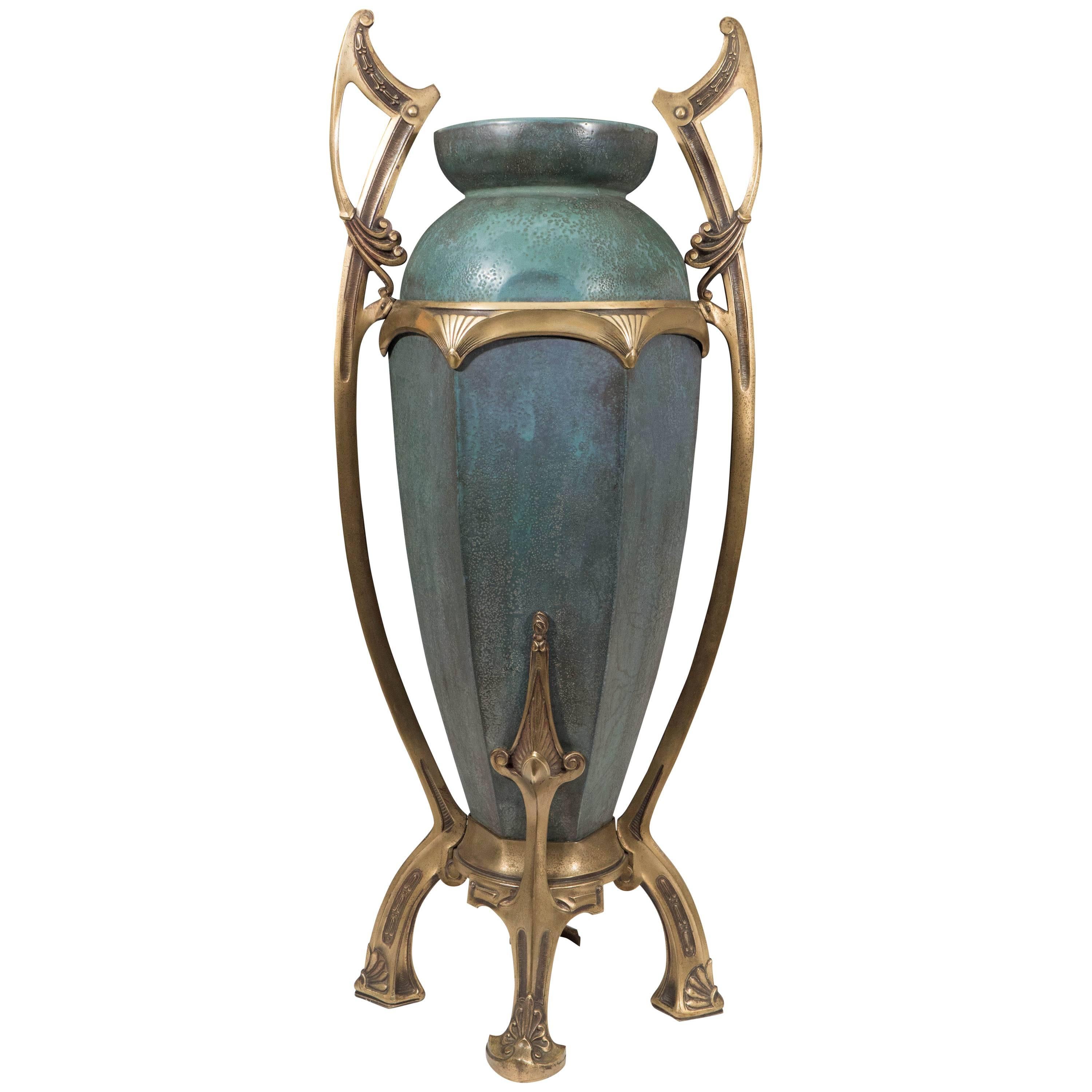 Amphora Early 20th Century Bronze-Mounted Ceramic Vase by Paul Dachsel