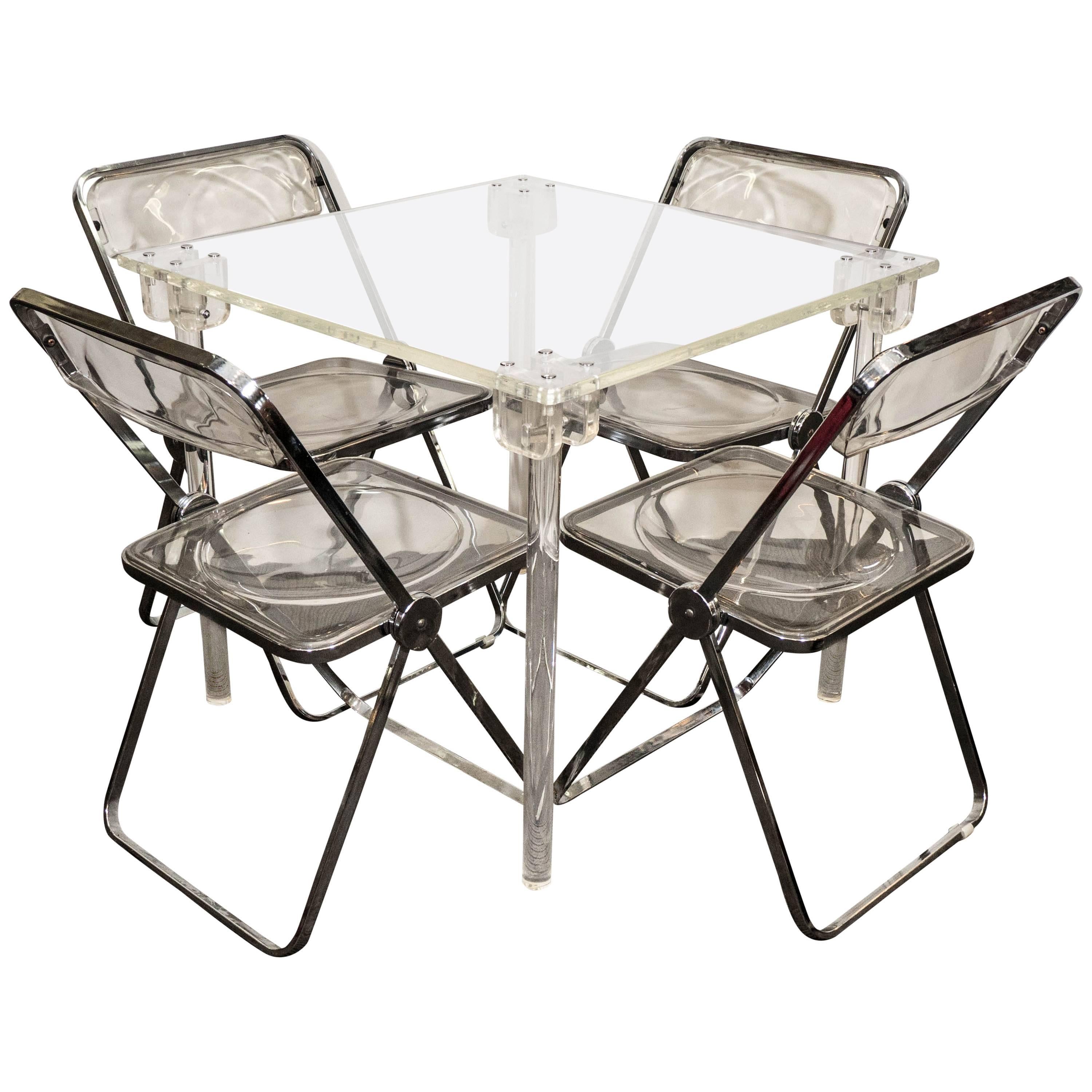 Charles Hollis Jones Lucite Game Table with Set of Four Piretti 'Plia' Chairs