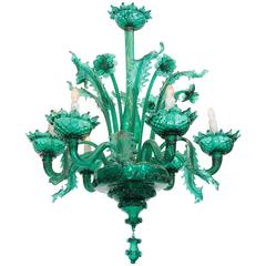 Rare Mid-Century Deep Green Murano Glass Floral Chandelier