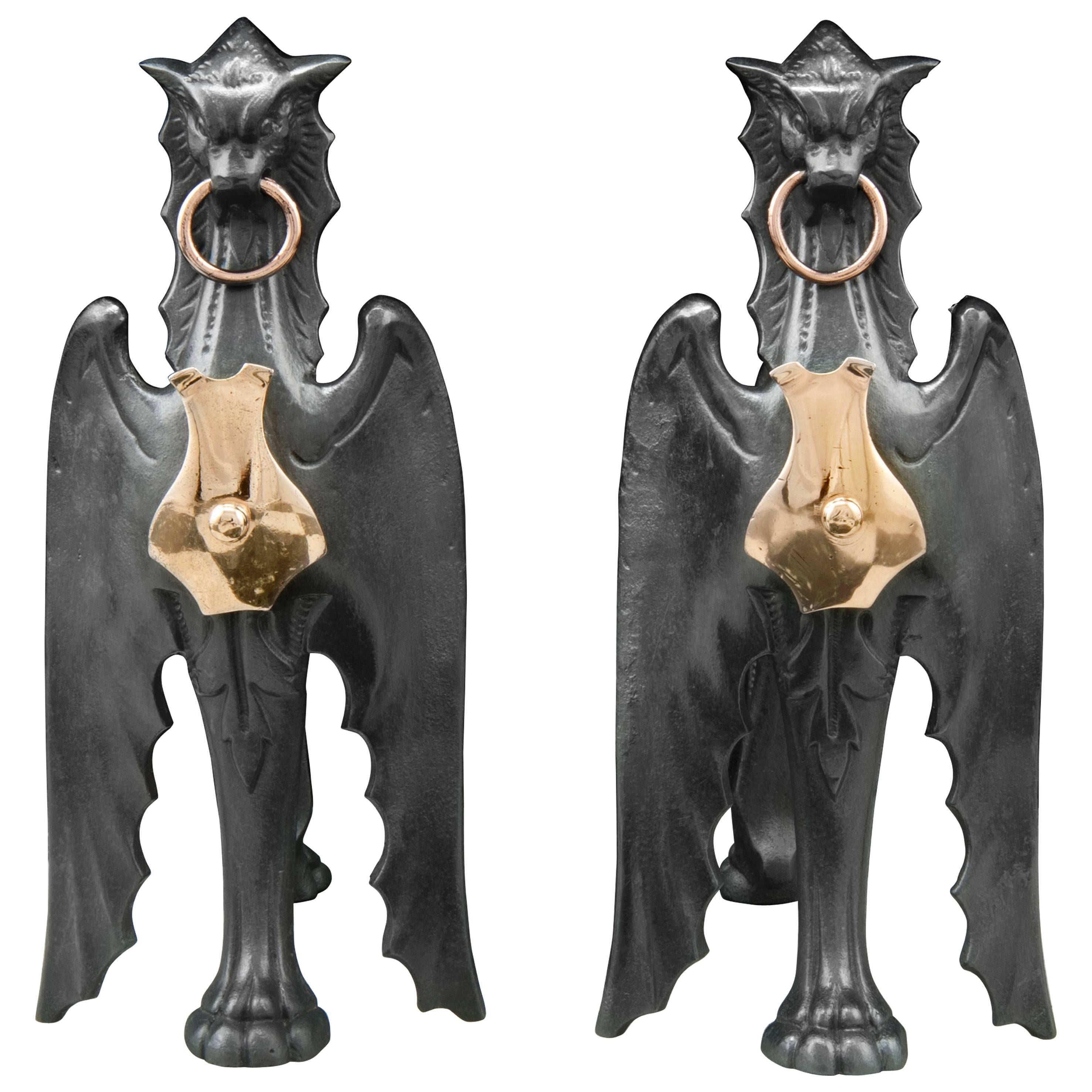 Pair of Antique Cast Iron and Copper Mounted Griffin Andirons
