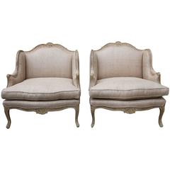 Pair of French Carved Painted Bergeres, circa 1940