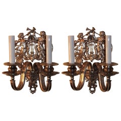 Vintage Wonderful Pair of Two-Light Silvered Bronze Figural Trumpets Caldwell Sconces