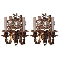 Wonderful Pair of Two-Light Silvered Bronze Figural Trumpets Caldwell Sconces 11