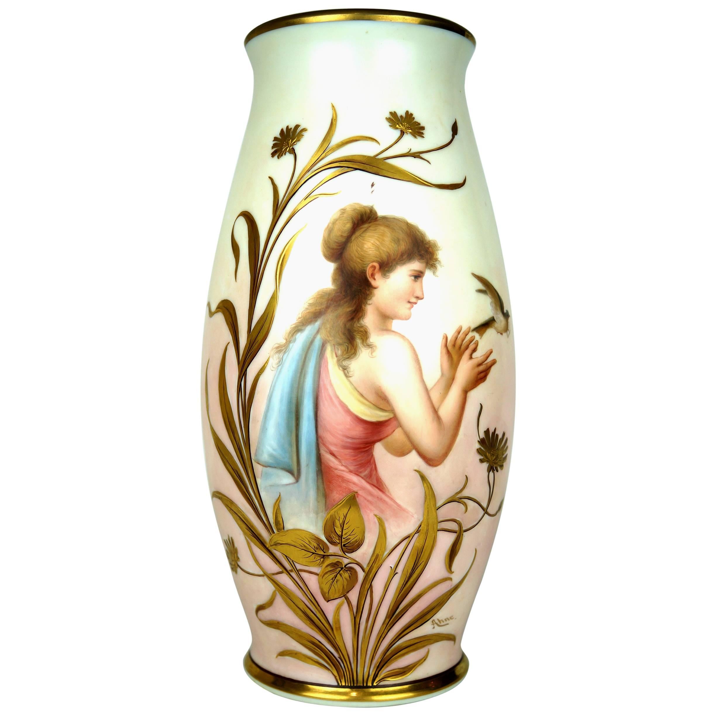 Painted Neoclassical Porcelain Art Nouveau Vase, Lady Releasing Bird
