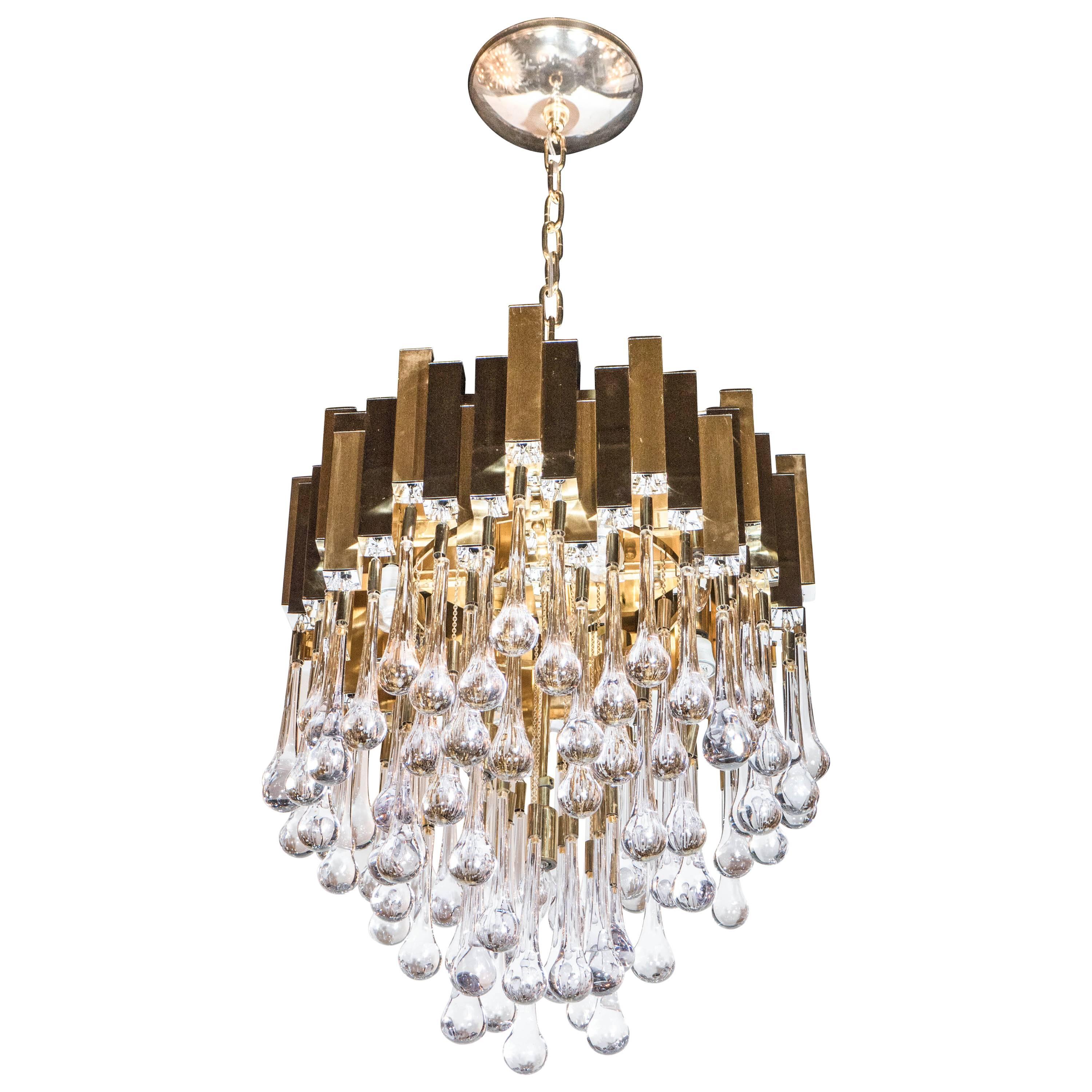 Modernist Chandelier in Brass and Crystal Droplets by Sciolari