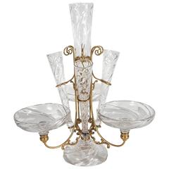 Elegant French Art Deco Crystal and Brass Scroll Form Design Epergne