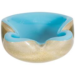 Gorgeous Mid-Century Modernist Capri Blue and Gold Flecked Murano Glass Bowl