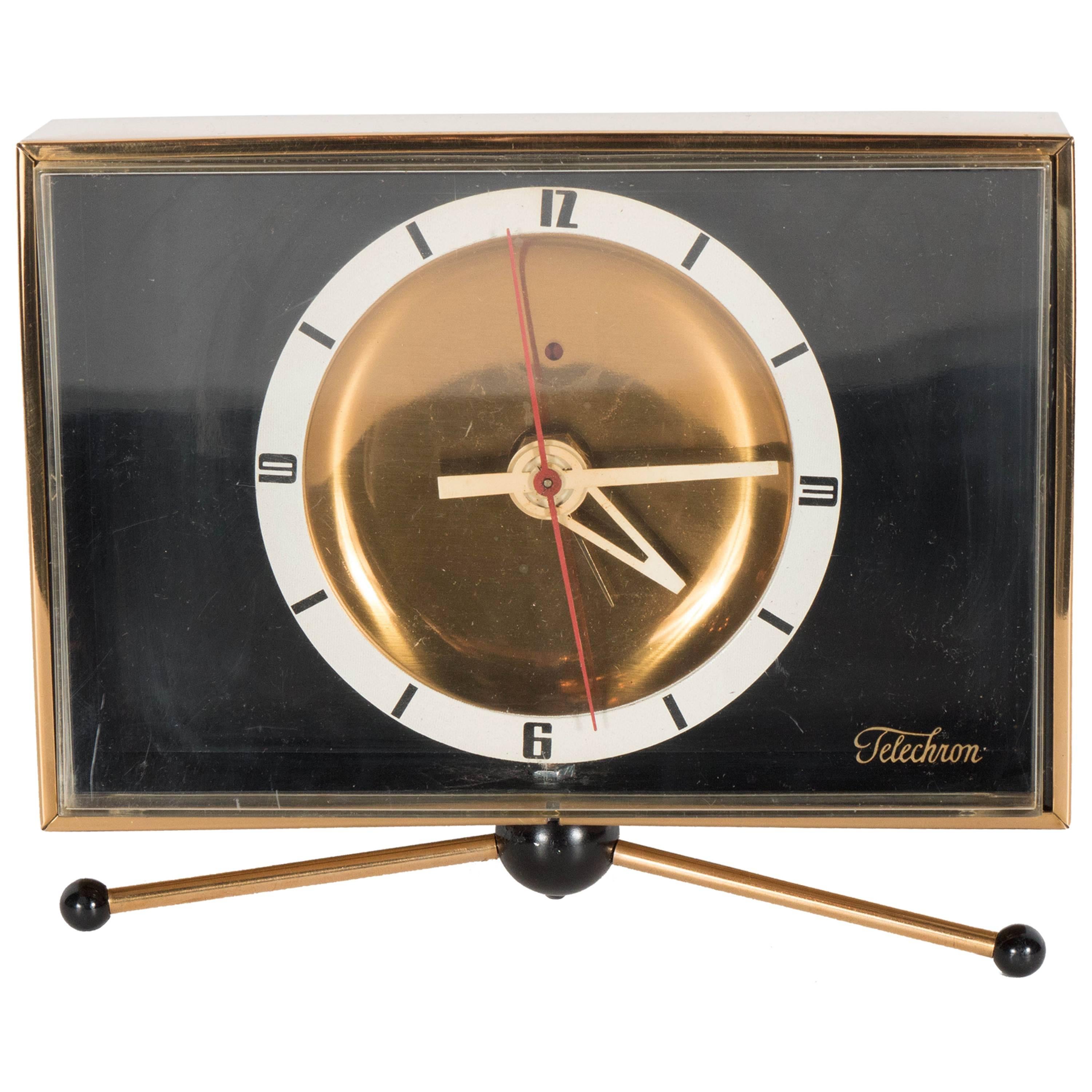 Sophisticated Mid-Century Modernist Brass Clock on Pedestal by Telechron