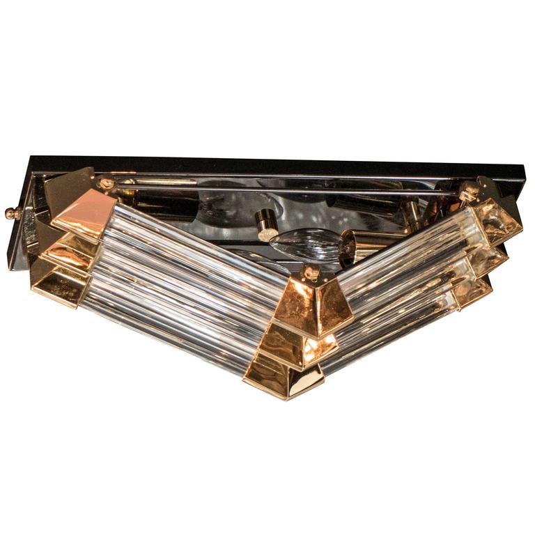 MidCentury Brass, Gun Metal and Glass Rod Angular Flush Mount