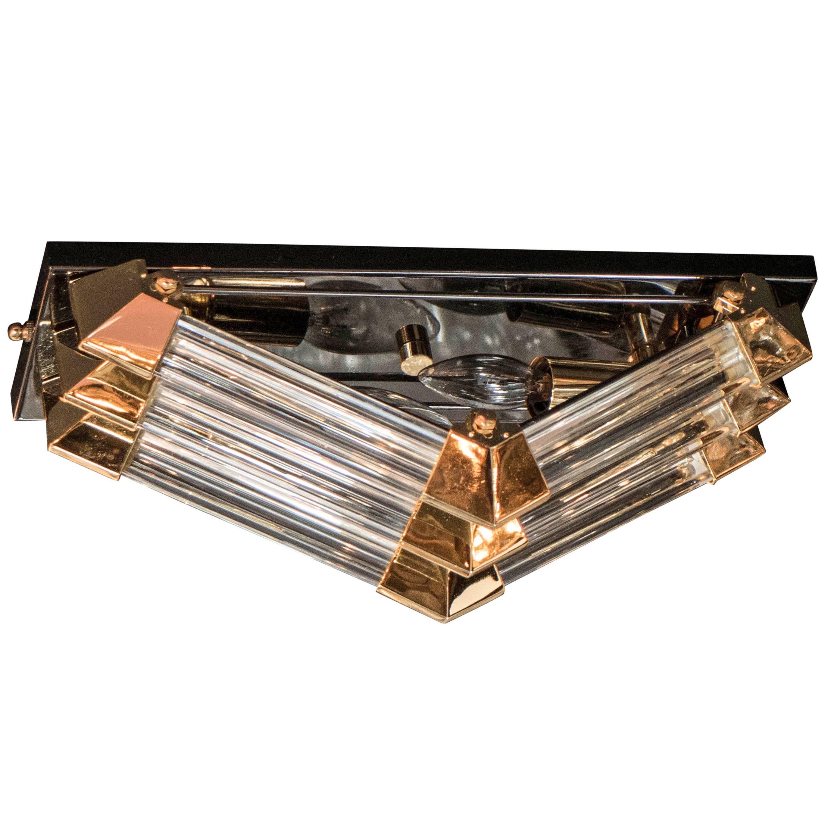 Mid-Century Brass, Gun Metal and Glass Rod Angular Flush Mount Chandelier