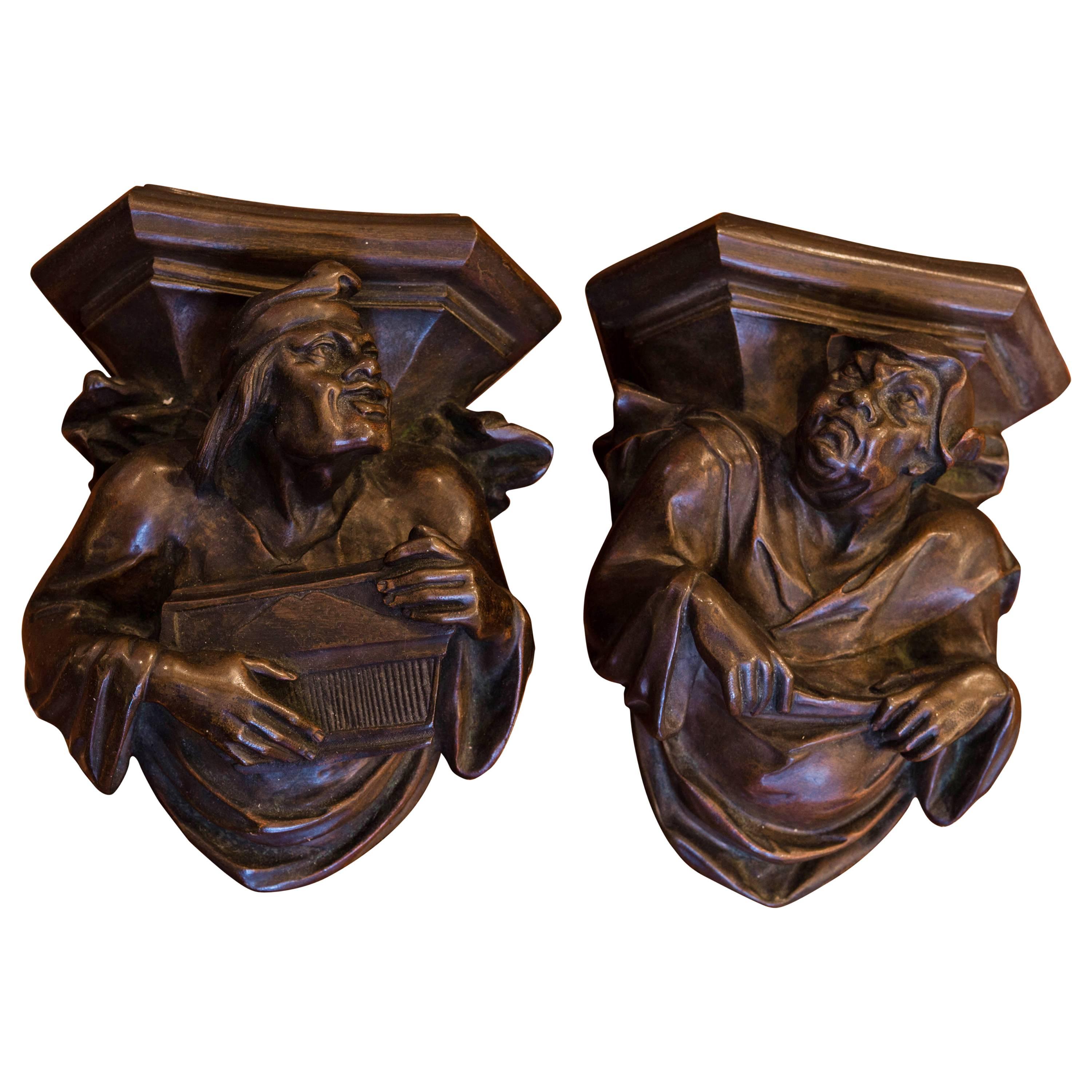 Pair of French Bronze Grotesque Figural Wall Brackets For Sale