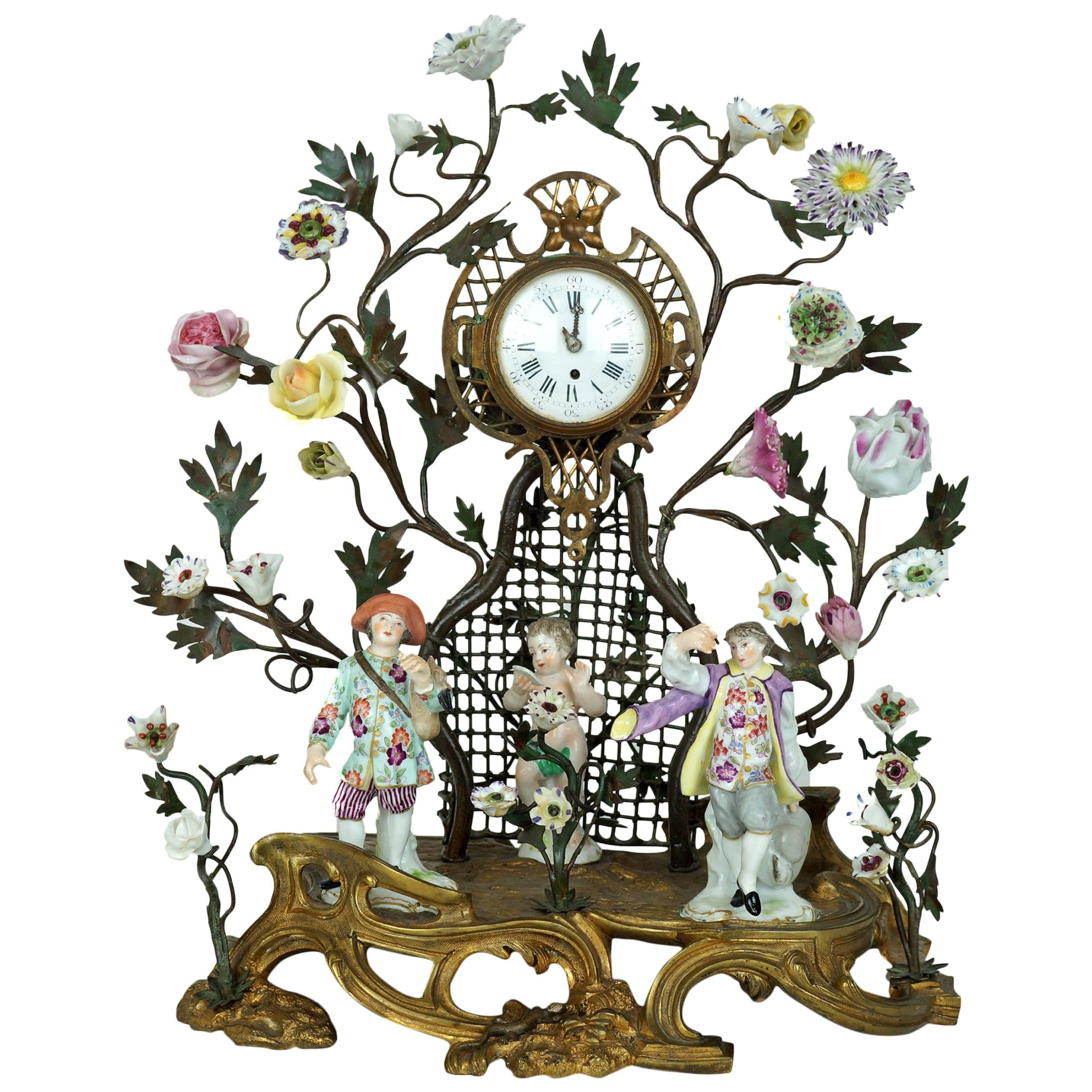 Meissen Style Porcelain and Bronze Figural Desk or Mantel Clock