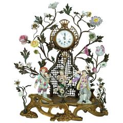 Antique Meissen Style Porcelain and Bronze Figural Desk or Mantel Clock