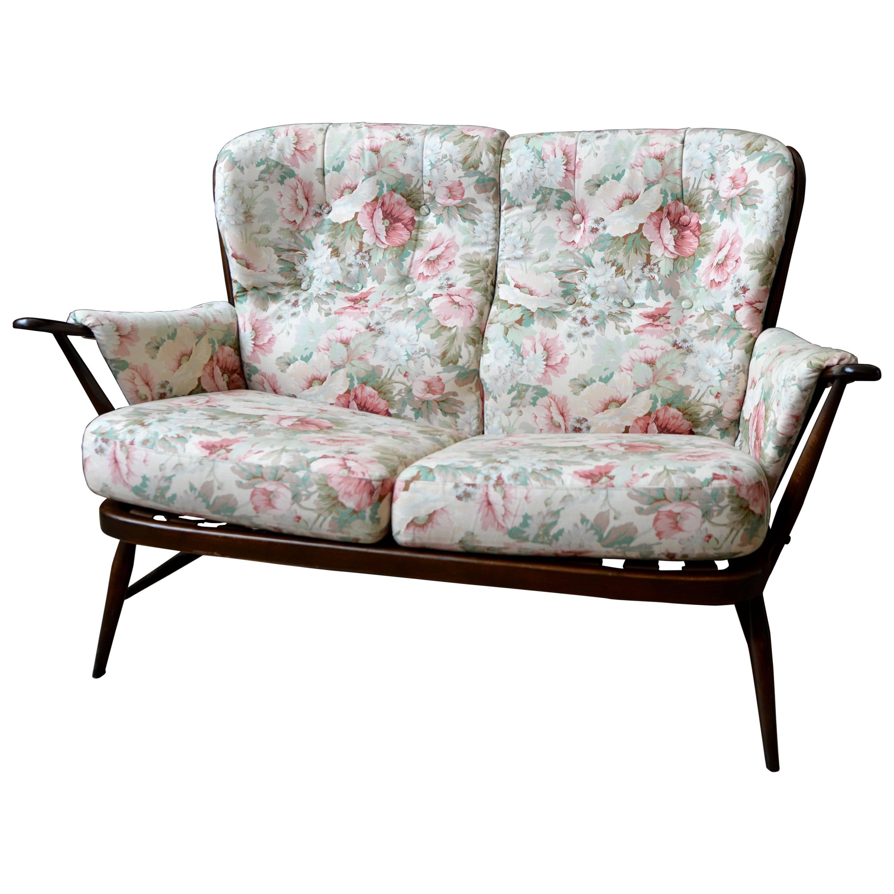 1960 Ercol Evergreen Two-Seat Sofa with Original Garden Blossom Upholstery