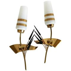 Elegant Pair of French Brass Sconces by Maison Lunel