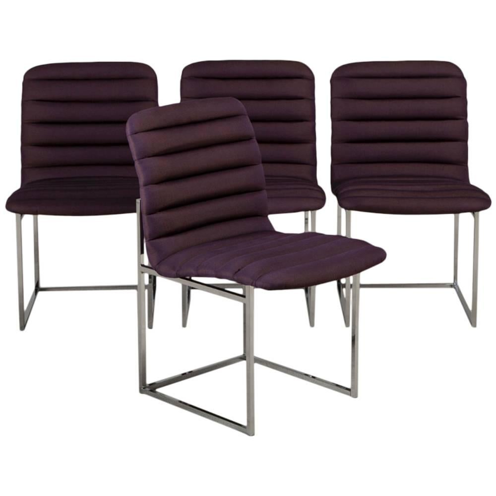 Set of Four Nickel-Framed Silk Dining Chairs, Late 1960s For Sale