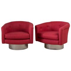 Pair of Raspberry Swivel Tub Armchairs on Steel Bases, 1970s
