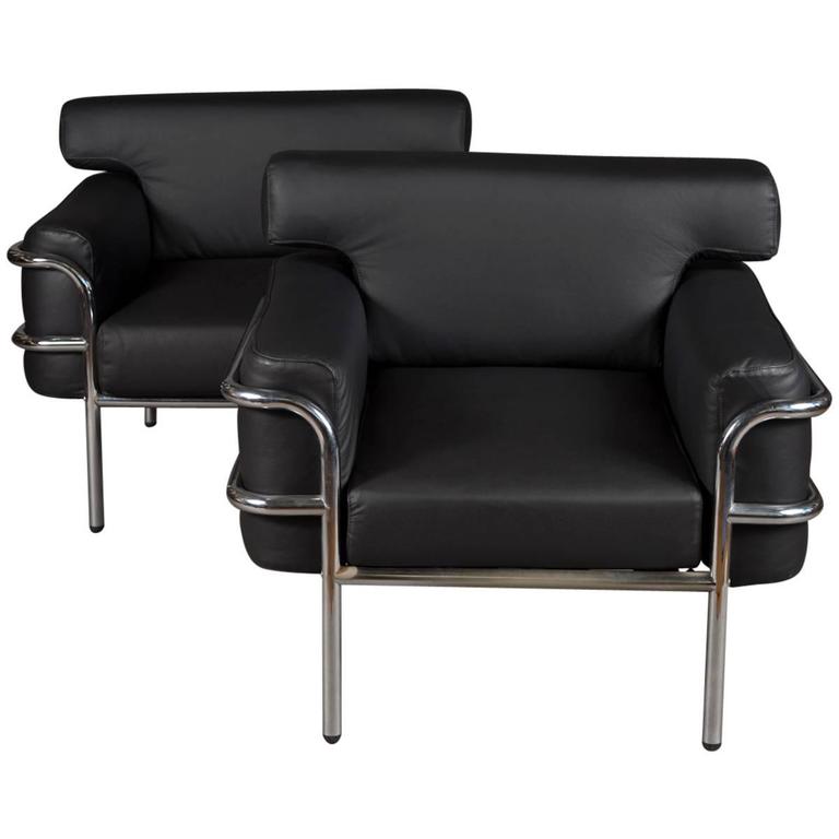 Pair Of Iconic Vintage Le Corbusier Style Black Leather Club Chairs Pair Of Iconic Vintage Le Corbusier Style Black Leather Club Chairs For
