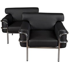 Pair of Iconic Vintage Le Corbusier Style Black Leather Club Chairs