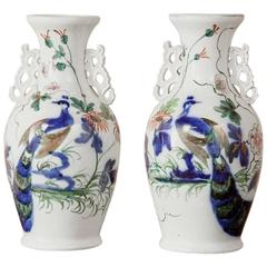 Pair of Chinese Blue and White Peacock Porcelain Cobalt Vases