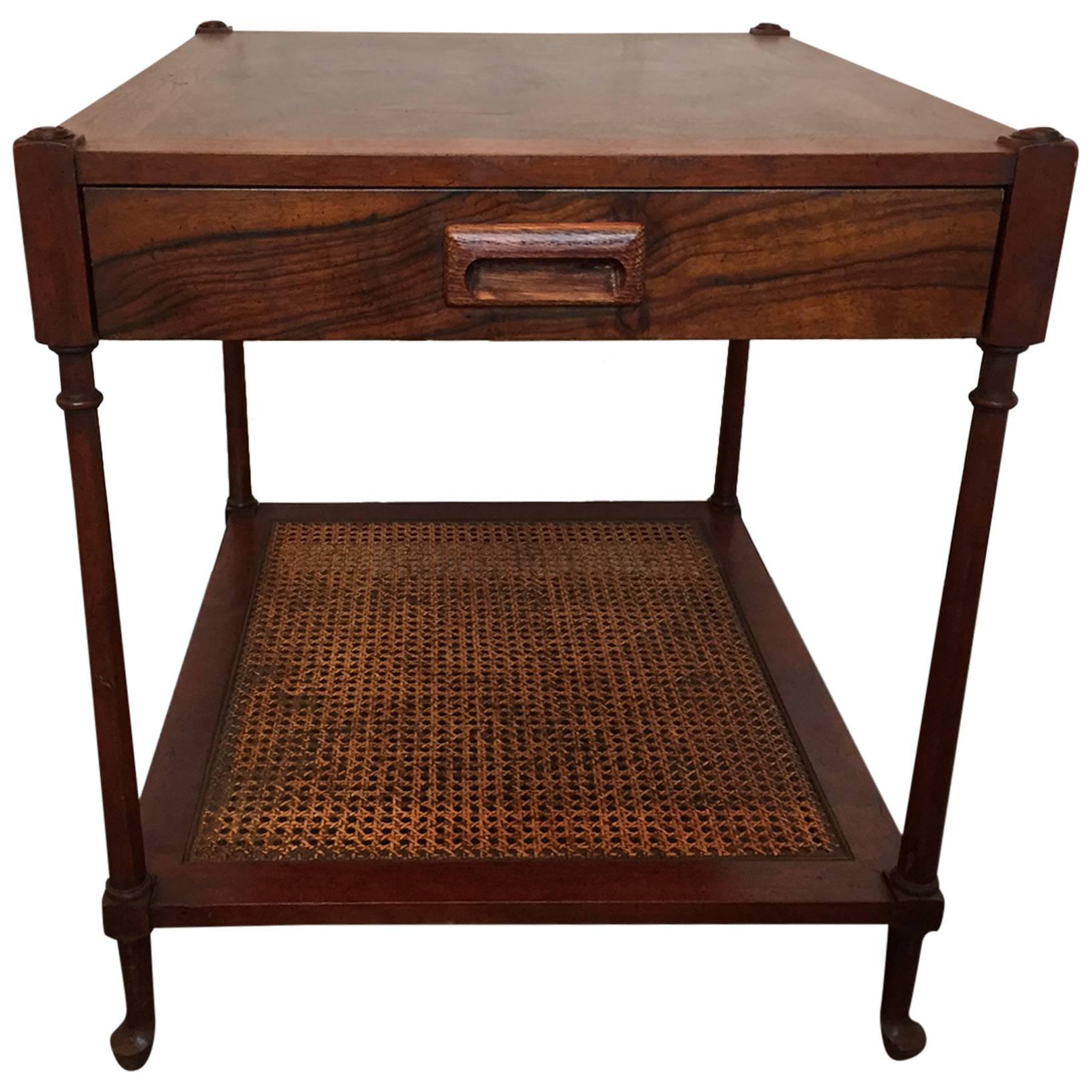Mid-Century Baker Burl Wood and Cane Side Table