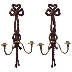 Pair of Elegant Red Mahogany and Brass Candle Sconces