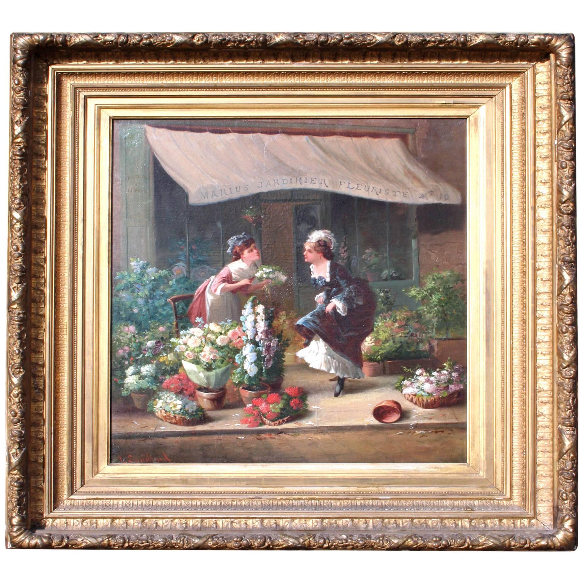 19th Century French Oil Painting of Woman Selling Flowers by L. Souillard For Sale