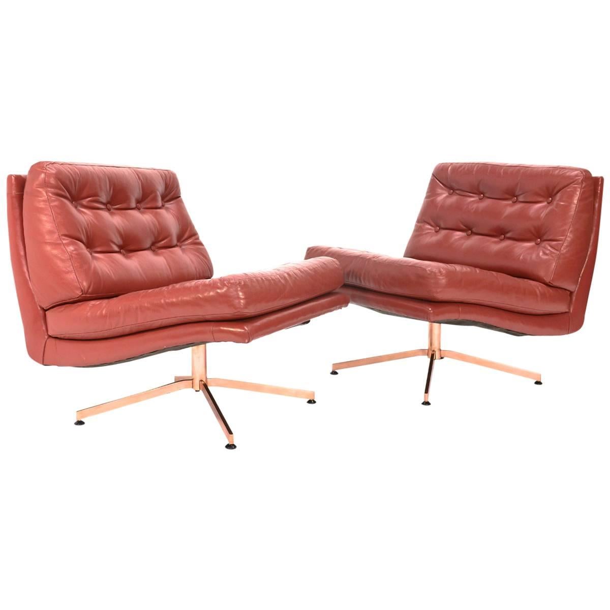 Pair of Leather and Bronze Lounge Chairs by Founders