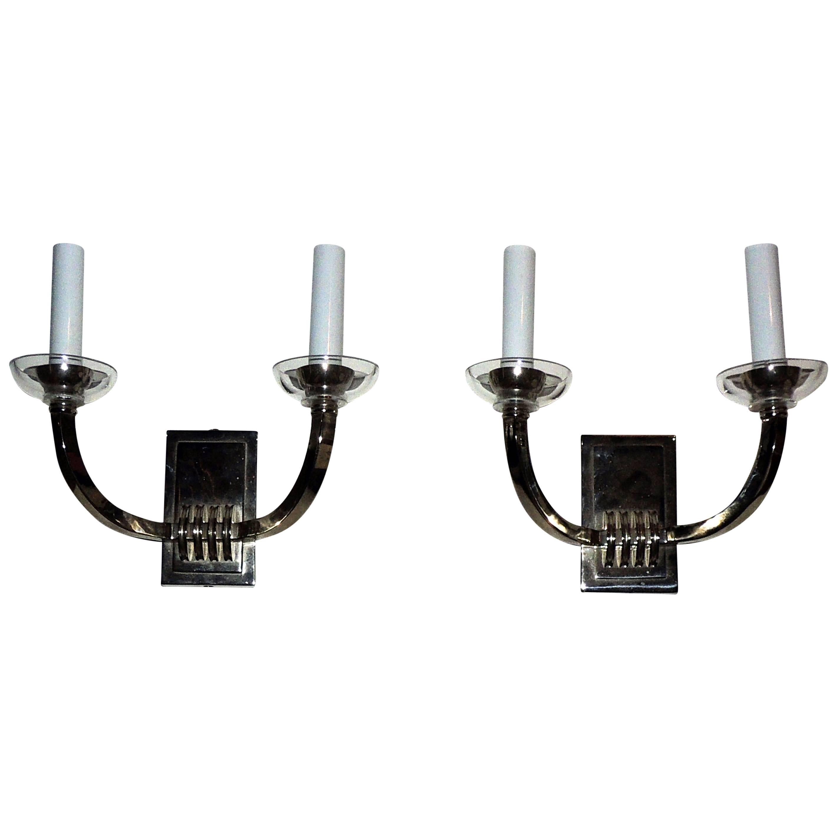 Modern Transitional Elegant Pair of Deco Style Two-Arm Chrome Nickel Sconces