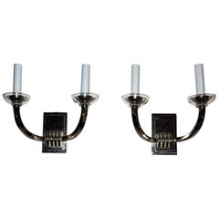 Modern Transitional Elegant Pair of Deco Style Two-Arm Chrome Nickel Sconces