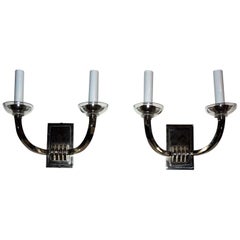 Modern Transitional Elegant Pair Vaughan Deco Two-Arm Chrome Nickel Sconces