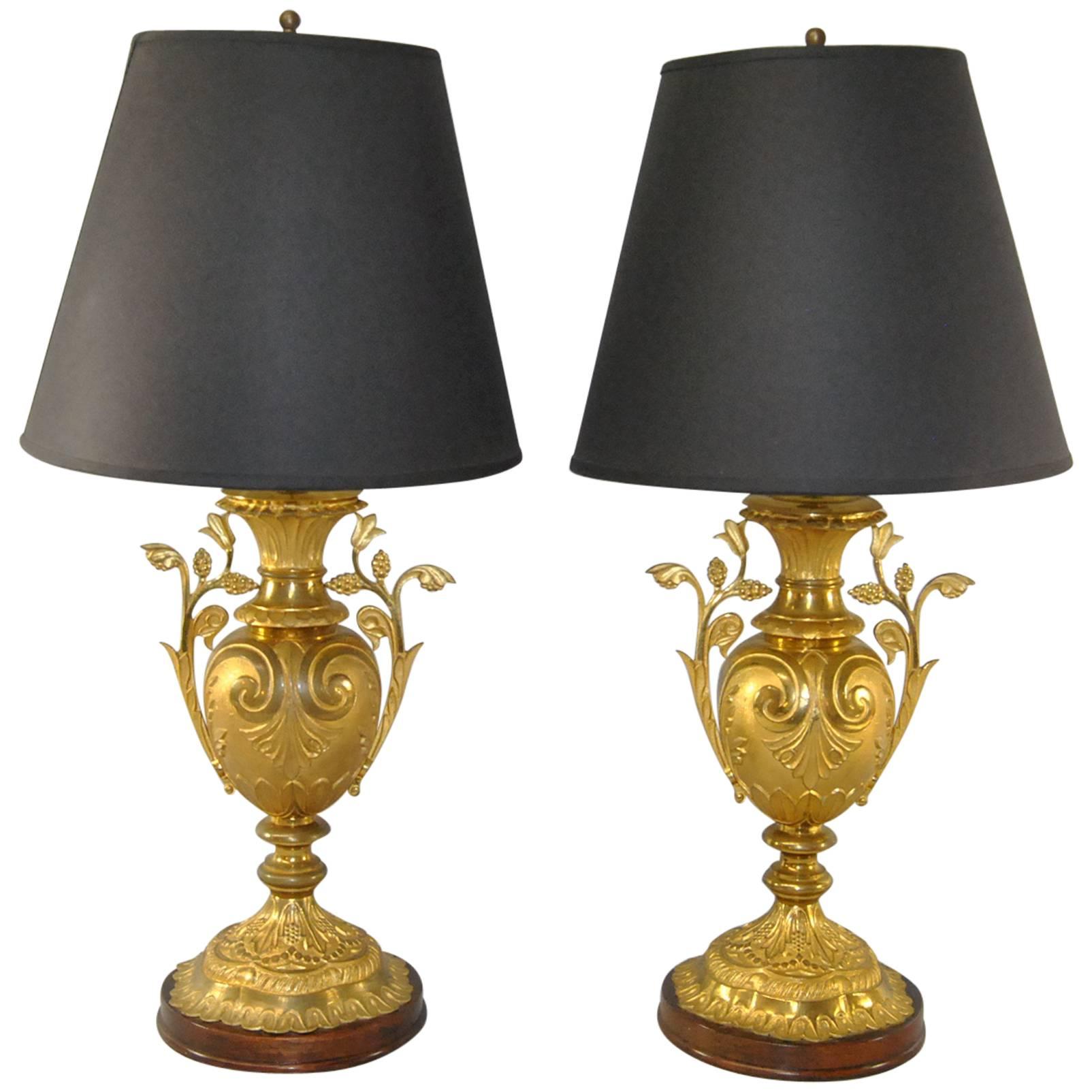 Pair of Turn-of-the-Century French Brass Vases Fitted for Use as Table Lamps