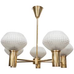 Mid-Century Modernist 5-Arm Polished Brass Chandelier with Textured Glass Globes