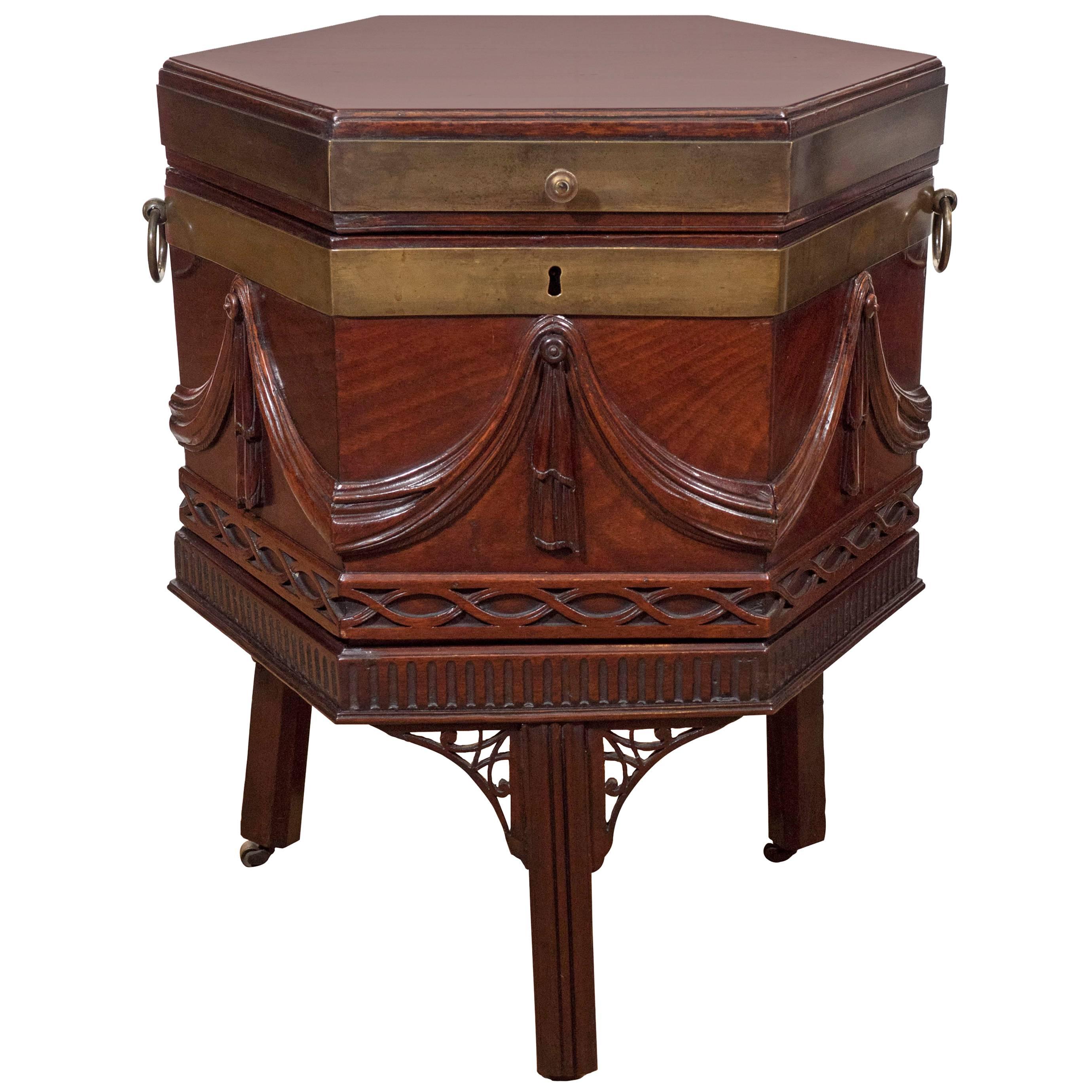 A Beautifully Carved George III Brass Bound Mahogany Hexagonal Wine Cooler For Sale