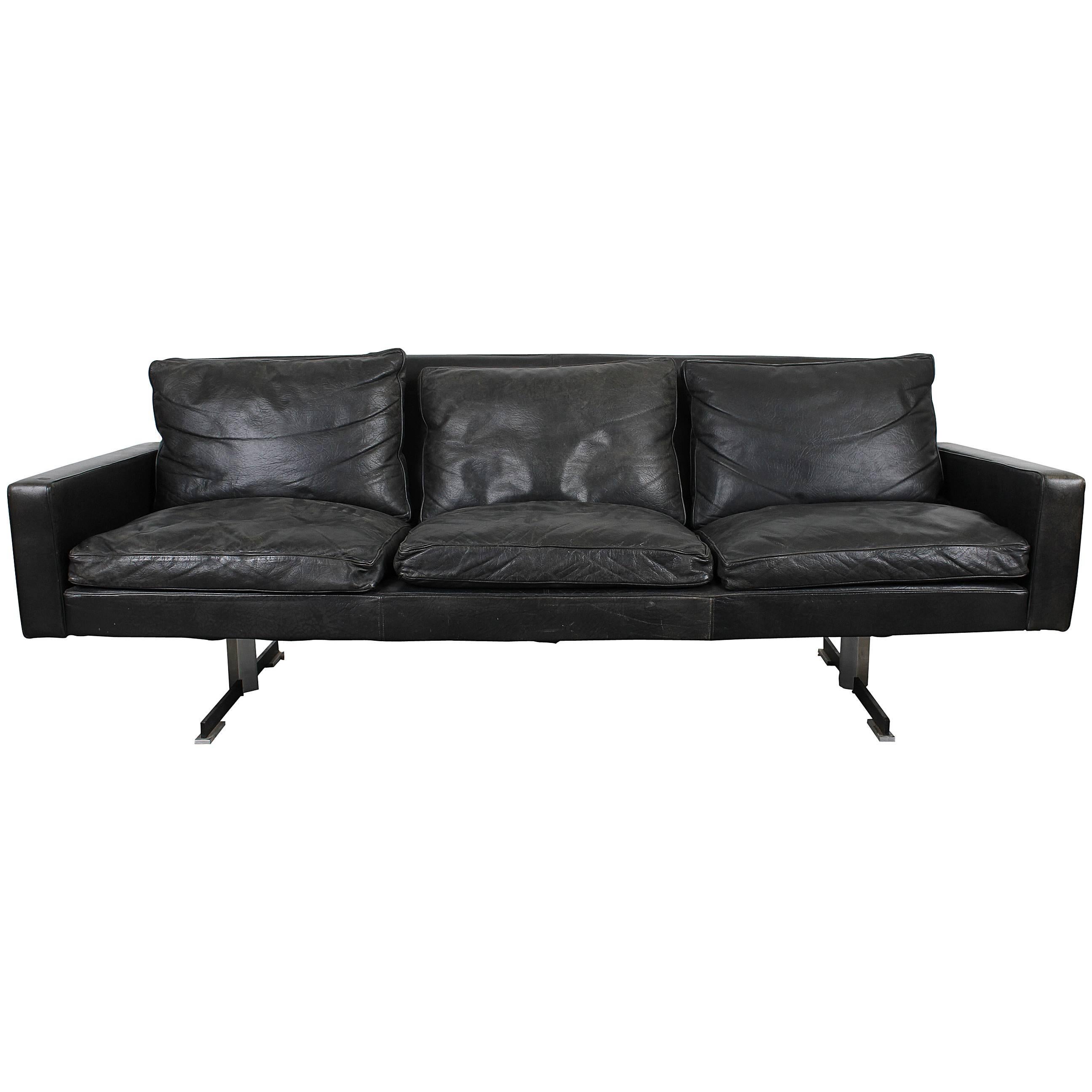 Mid-Century Modern Black Leather Sofa with Chrome Legs