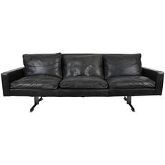 Mid-Century Modern Black Leather Sofa with Chrome Legs 8