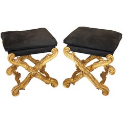 Contemporary Pair of Louis XV Style Giltwood X-Shaped Upholstered Folding Stools