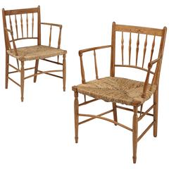 Antique Pair of Oak Spindle Back Sussex Chairs after a Design by William Morris