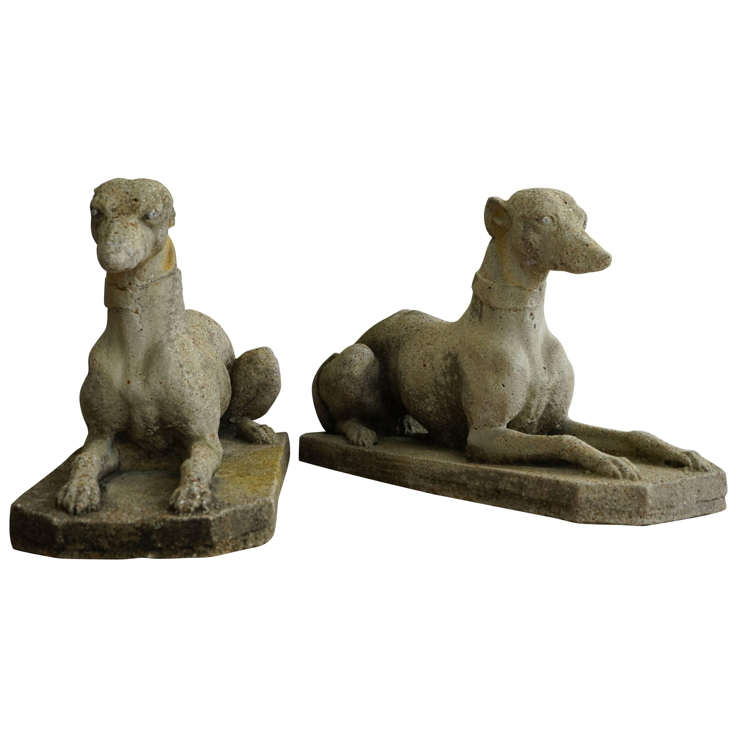 Pair of Cast-Stone Whippet Dogs, Regency Style,  England, 1890-1920s 