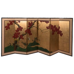 Antique A Japanese Six-Panel Painted Screen with Blooming Cherry Blossoms on Gold Leaf