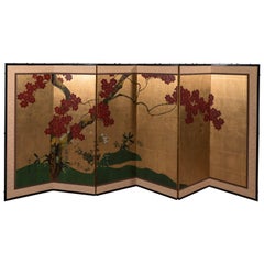 A Japanese Six-Panel Painted Screen with Blooming Cherry Blossoms on Gold Leaf