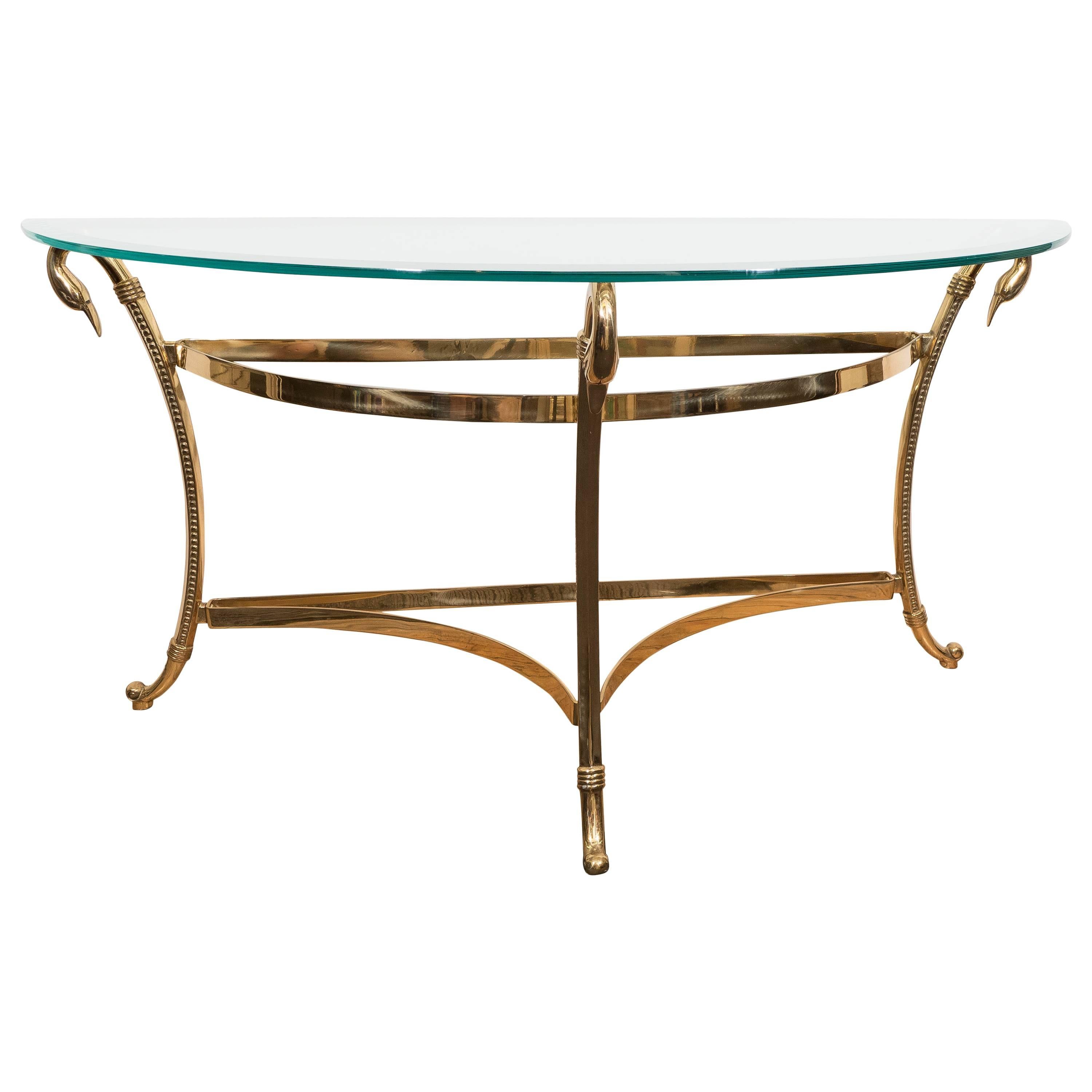 A Mid-Century Brass and Glass Top Demi-Lune Console with Swan Head Motif